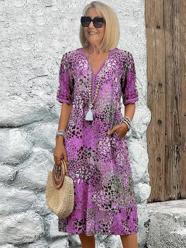 Damen Sommerkleid Blumenmuster Midikleid Elegant