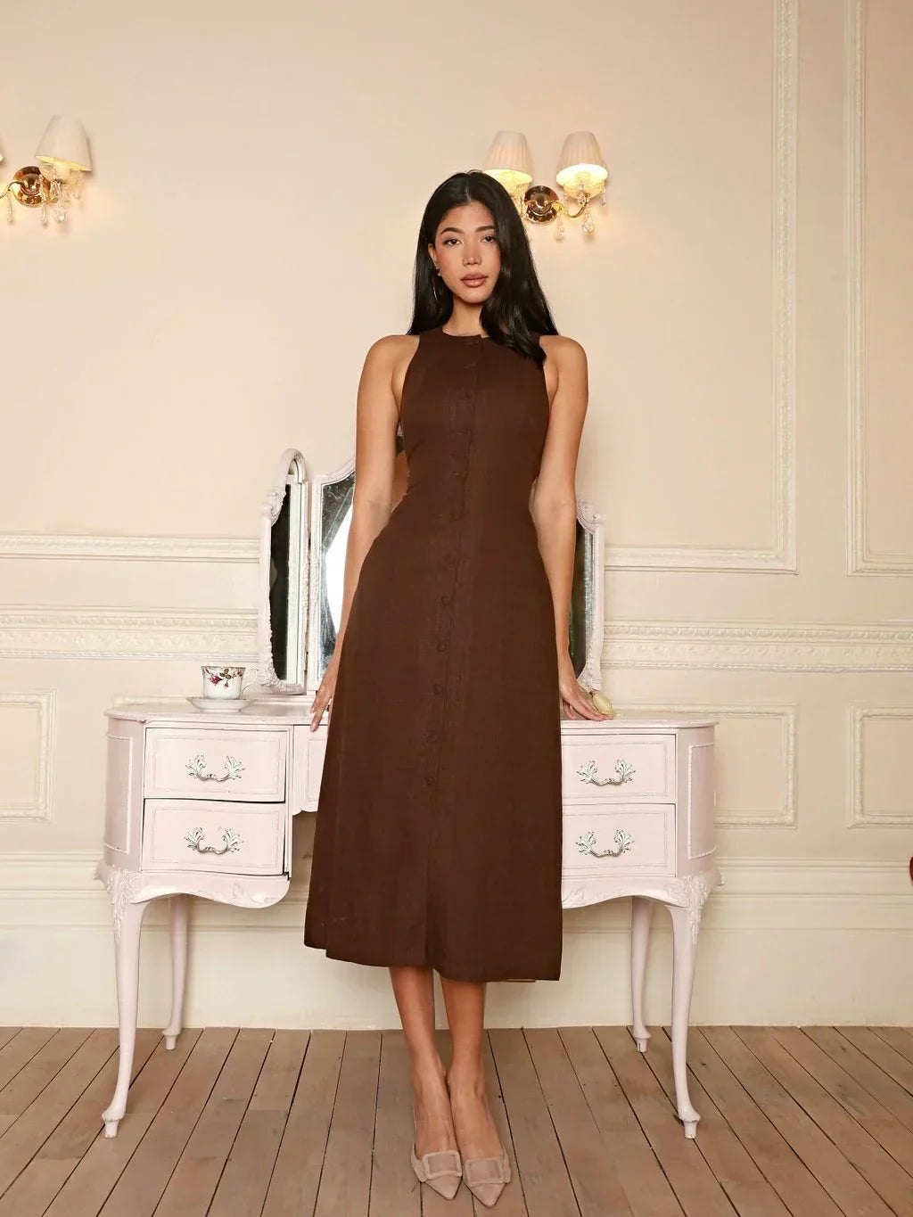 Damen Leinenkleid Ärmellos Braun Midi Figurbetonter Stil