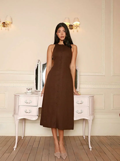Damen Leinenkleid Ärmellos Braun Midi Figurbetonter Stil