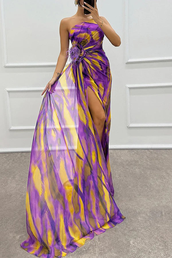 Damen Maxikleid Schulterfrei Lang Abendkleid mit Hochschlitz
