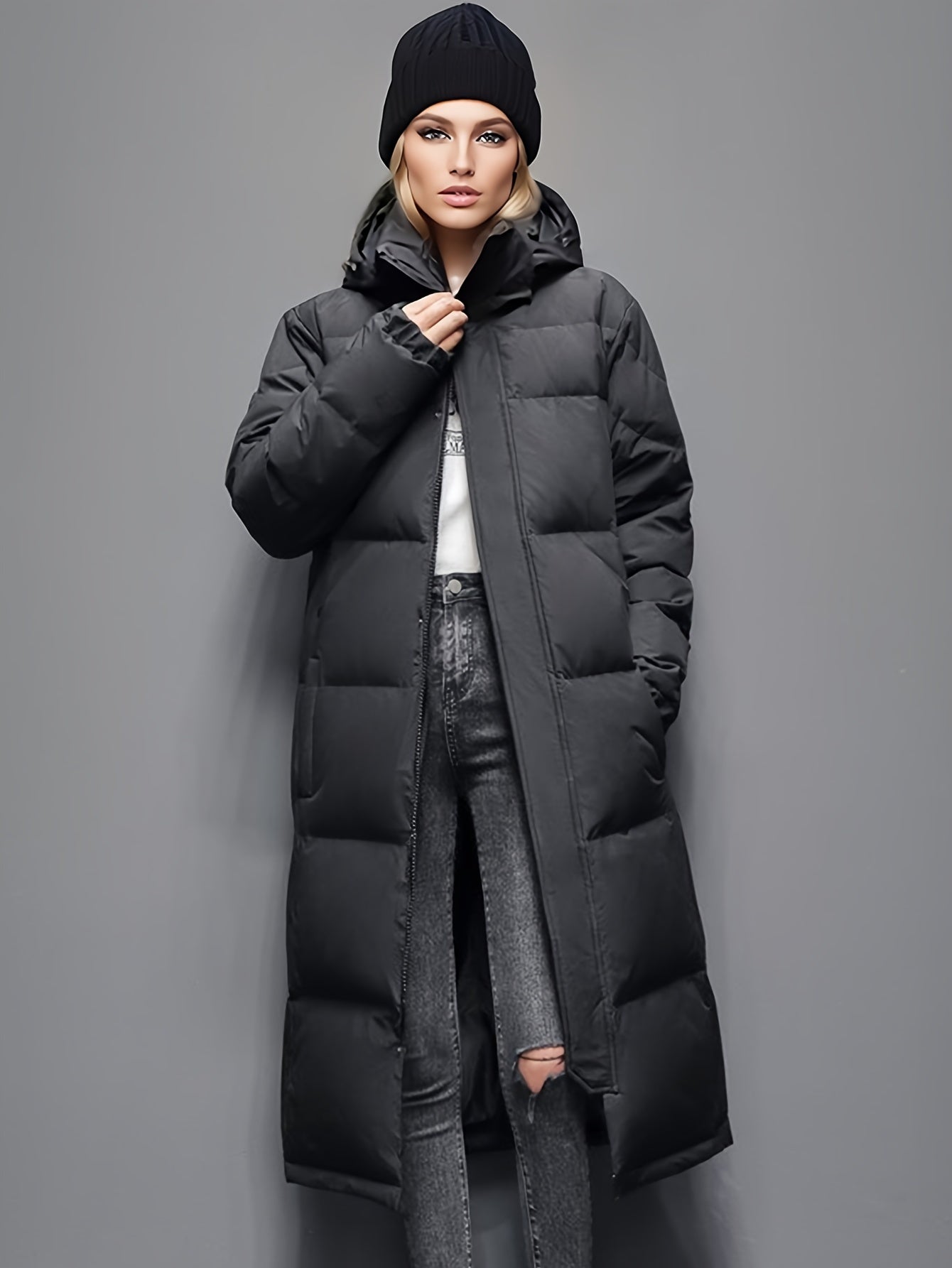 Damen Wintermantel Lang Pufferjacke Warm Kapuze