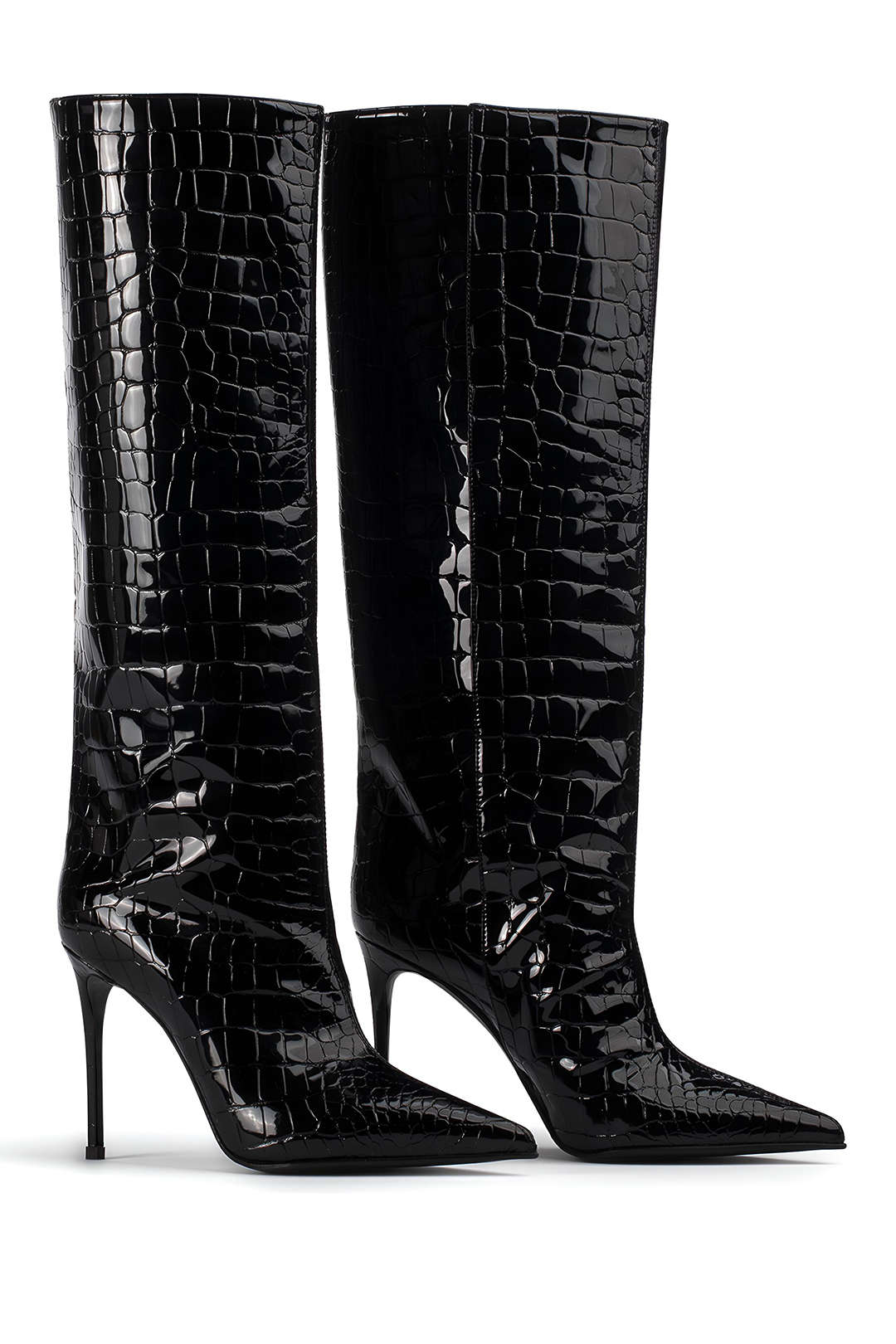 Damen Stiletto Stiefel Croco Leder Hochhackig Schwarz - Norvielle
