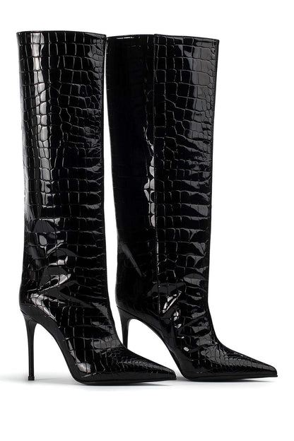 Damen Stiletto Stiefel Croco Leder Hochhackig Schwarz - Norvielle