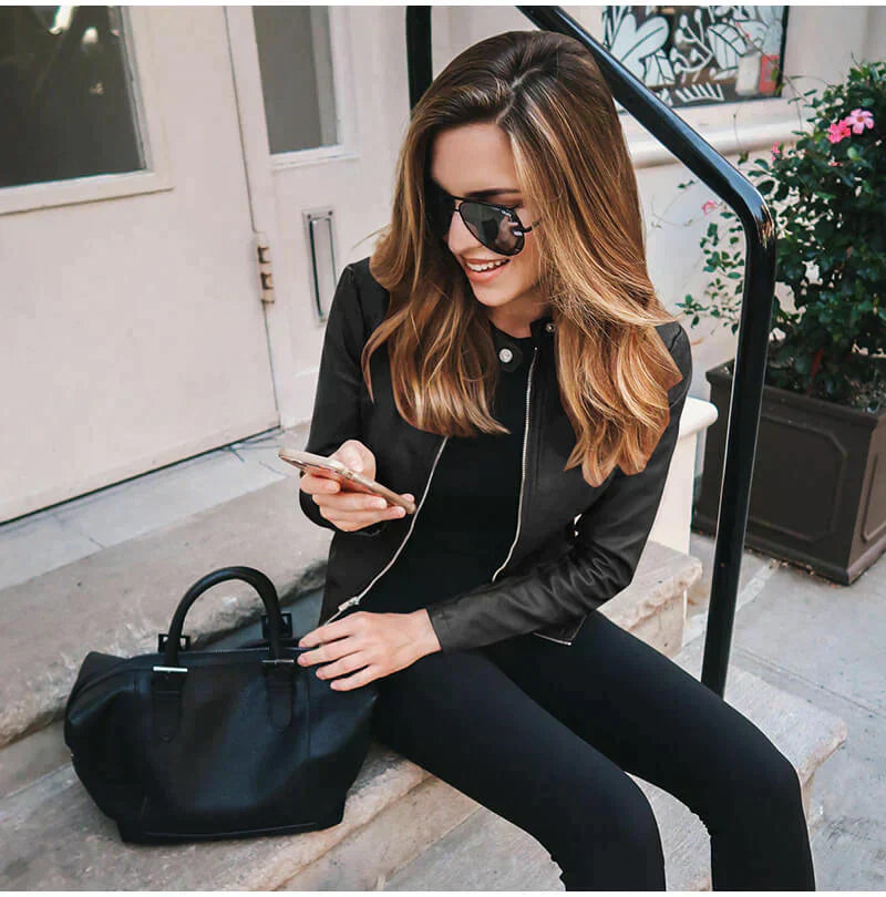 Damen Lederjacke Bikerstil Italienisch Schwarz - Norvielle