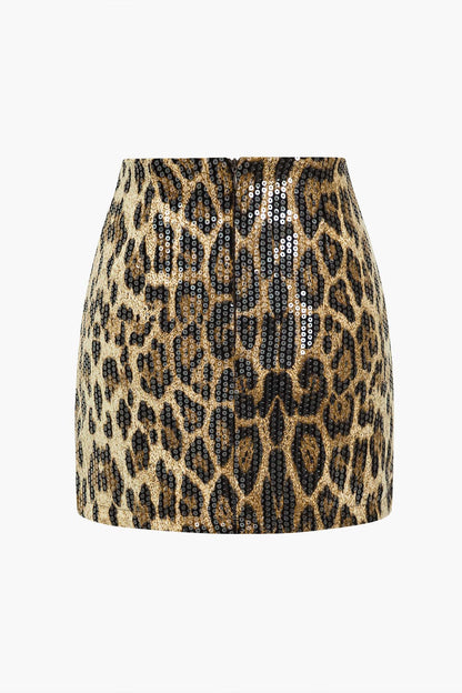 Damen Minirock Pailletten Leopard-Print