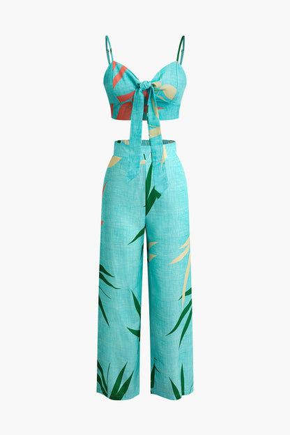Damen Zweiteiler Baumwolle Knoten-Oberteil Bambus-Print-Hose