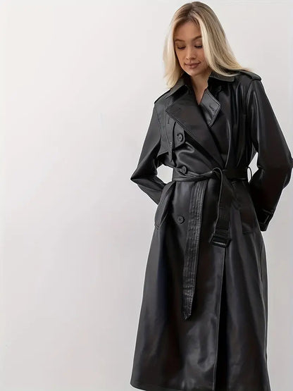 Damen Trenchcoat Lang Gürtetragend Kunstleder