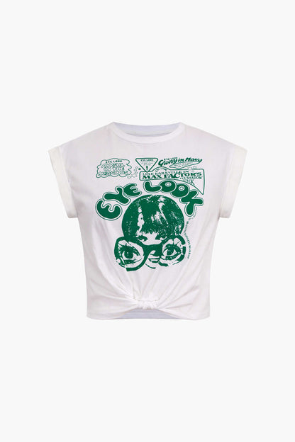 Damen Crop-T-Shirt Grafikdruck Ärmel Hochgekrempelt Knotendetail
