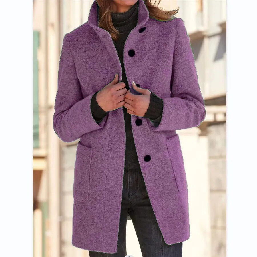 Damen Wollmantel Grau Warm mit Taschen und Hochkragen