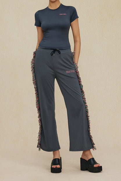 Damen Freizeit-Outfit Fransen-Design Grün