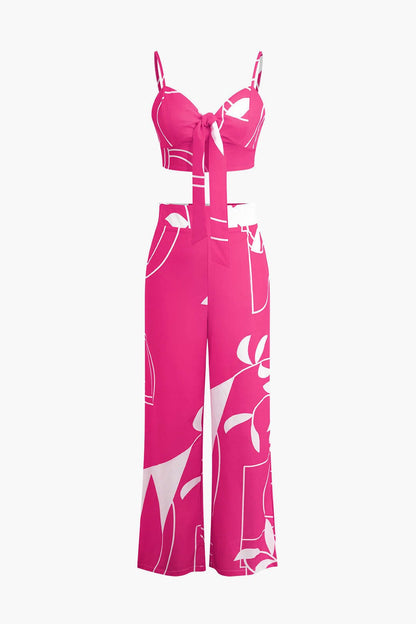 Damen Zweiteiler Baumwolle Knoten-Oberteil Bambus-Print-Hose