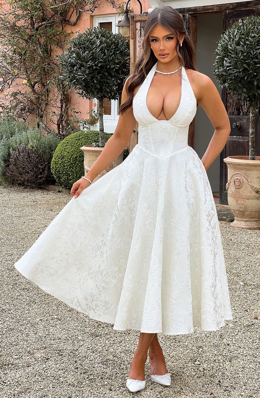 Damen Halterneck Midi Kleid Elegant