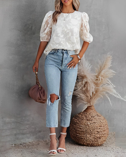 Damen Chiffon Bluse mit Puffärmeln Elegant