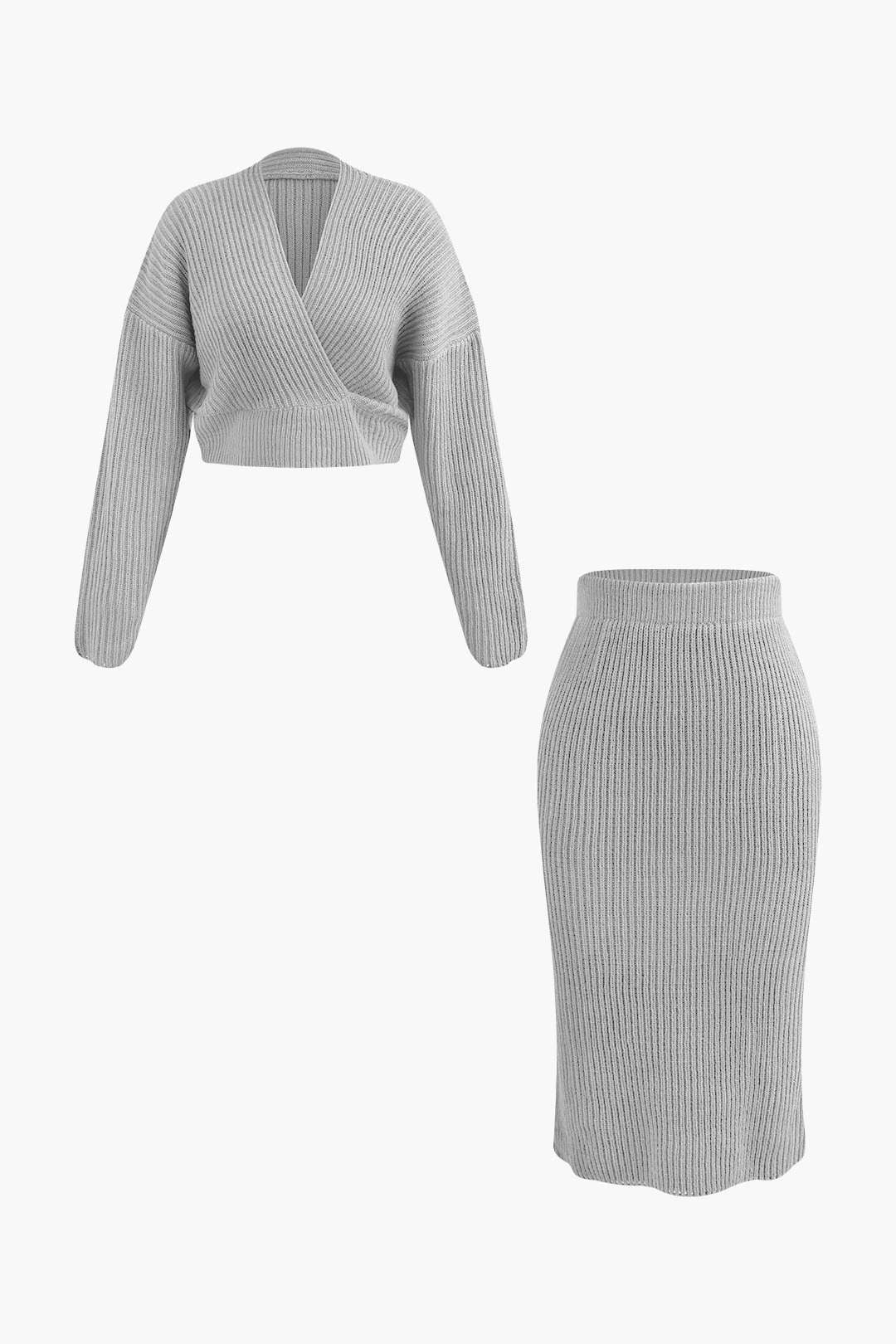 Damen Strick-Set Wickel-Oberteil Bleistiftrock Eleganz
