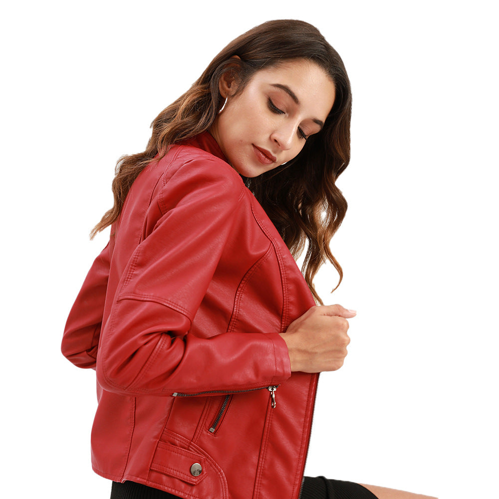 Damen Lederjacke Biker-Style Stehkragen