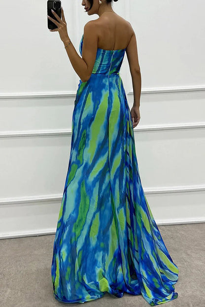 Damen Maxikleid Schulterfrei Lang Abendkleid mit Hochschlitz