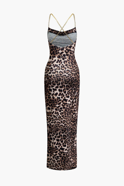 Damen Leopard Maxikleid Beinschlitz Abendkleid