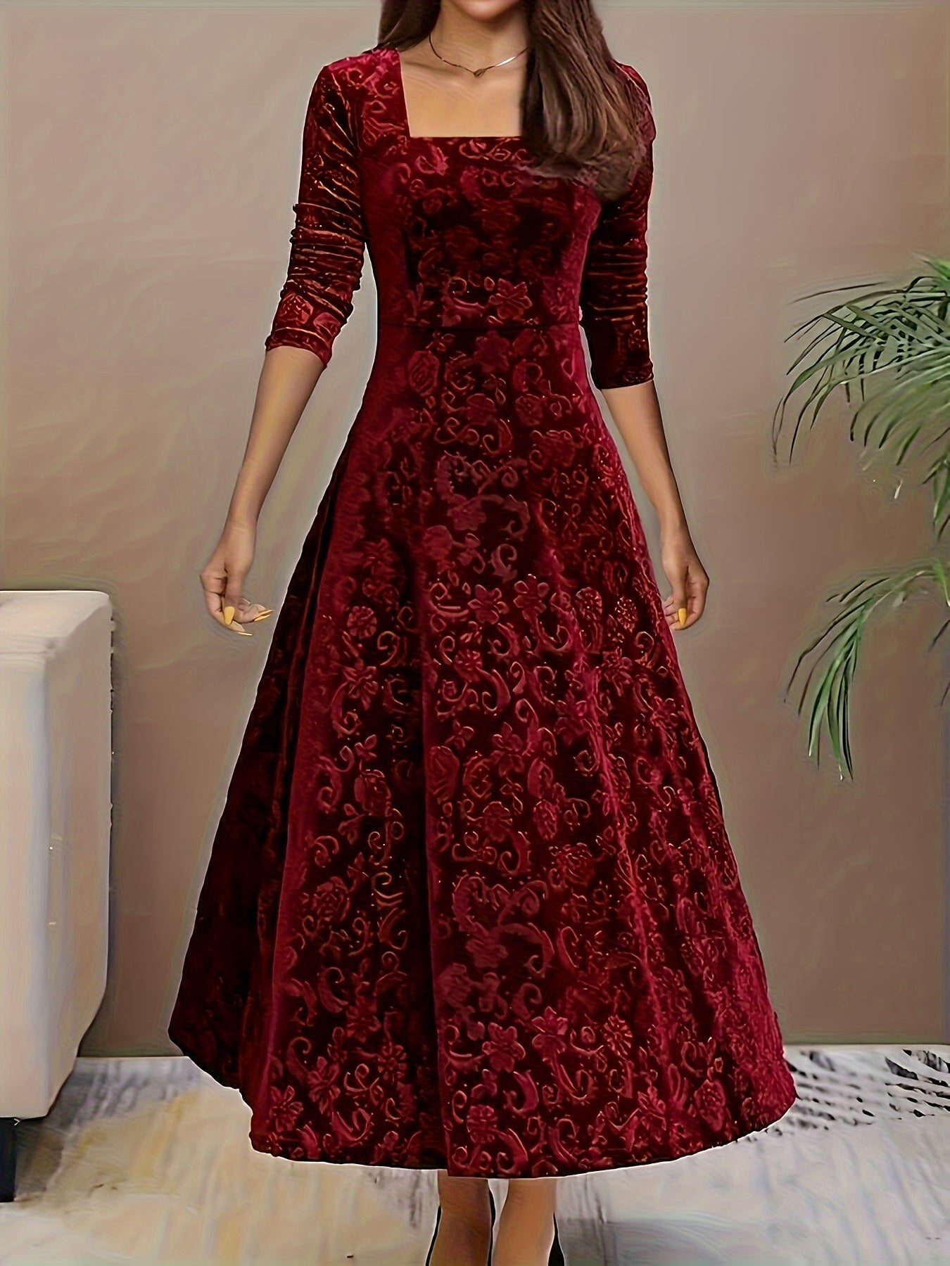 Damen Abendkleid Floral Samt Elegant Schwarz - Norvielle