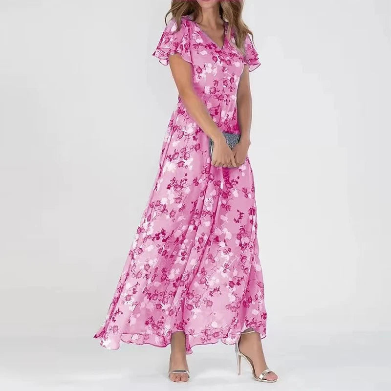 Damen Maxikleid Blumenmuster Lang Sommerkleid