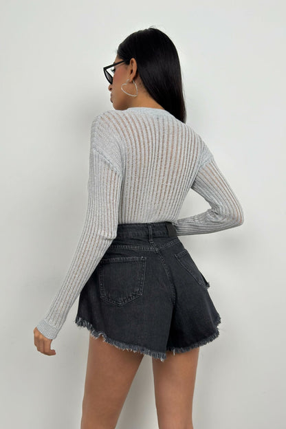 Damen Bluse Grau Gerippt Durchsichtig