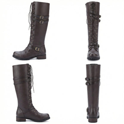 Damen Steampunk Stiefel Leder Vintage Braun