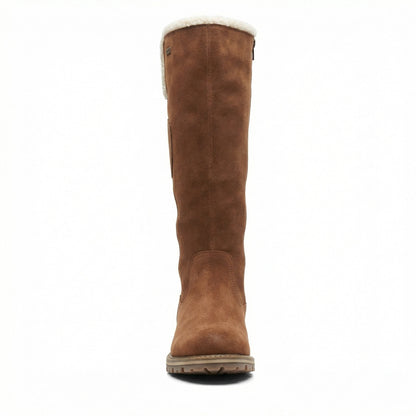 Damen Plattformstiefel Vintage Stil Leder Braun