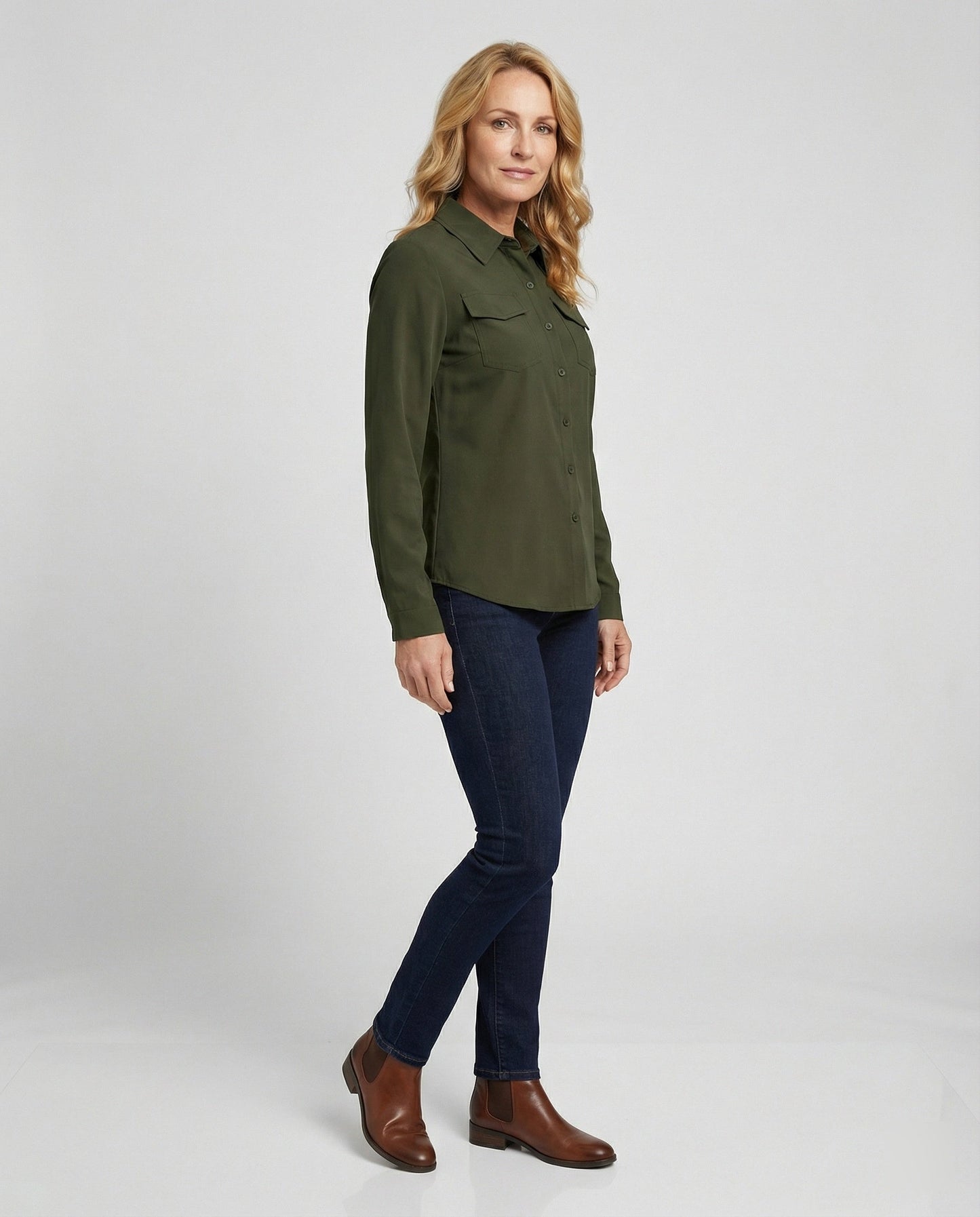 Damen Bluse Langarm Baumwolle Mit Brusttaschen
