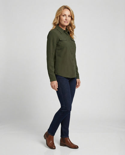 Damen Bluse Langarm Baumwolle Mit Brusttaschen