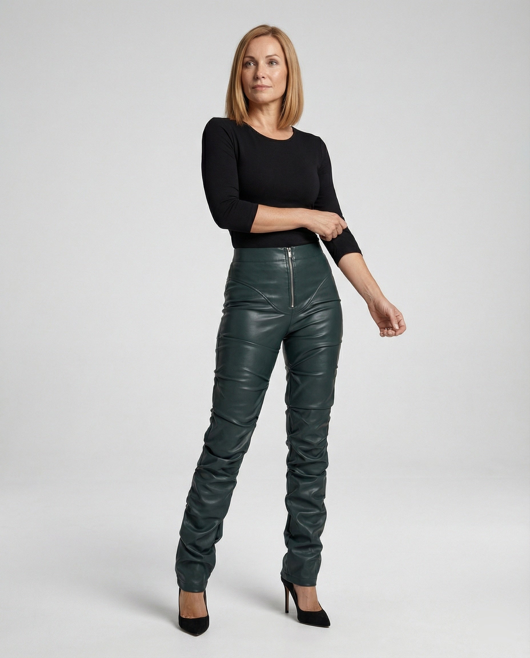 Damen High-Waist-Hose Kunstleder Schwarz Weites Bein - Norvielle