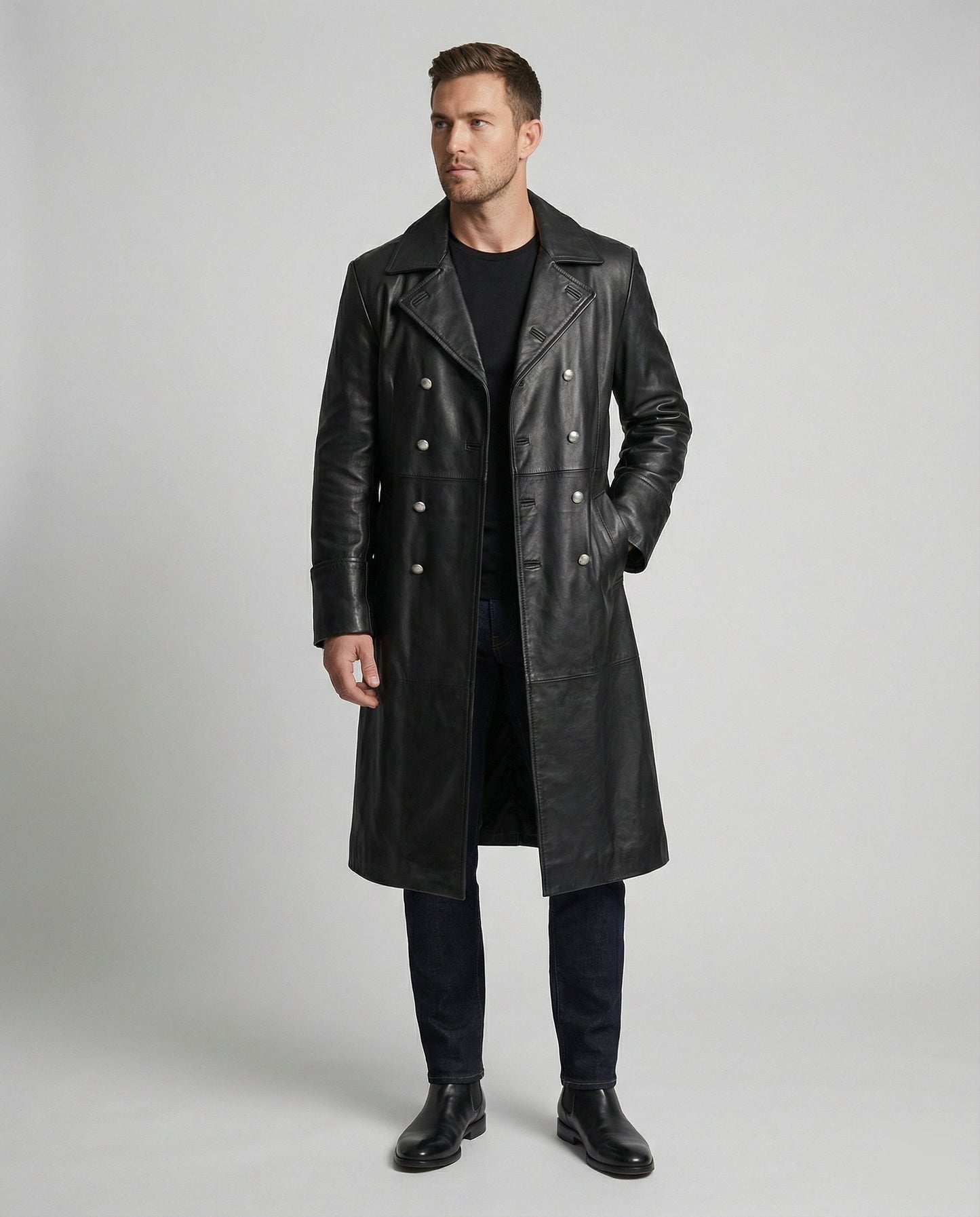 Herren Ledermantel Lang Knöpfe Elegant Schwarz - Norvielle