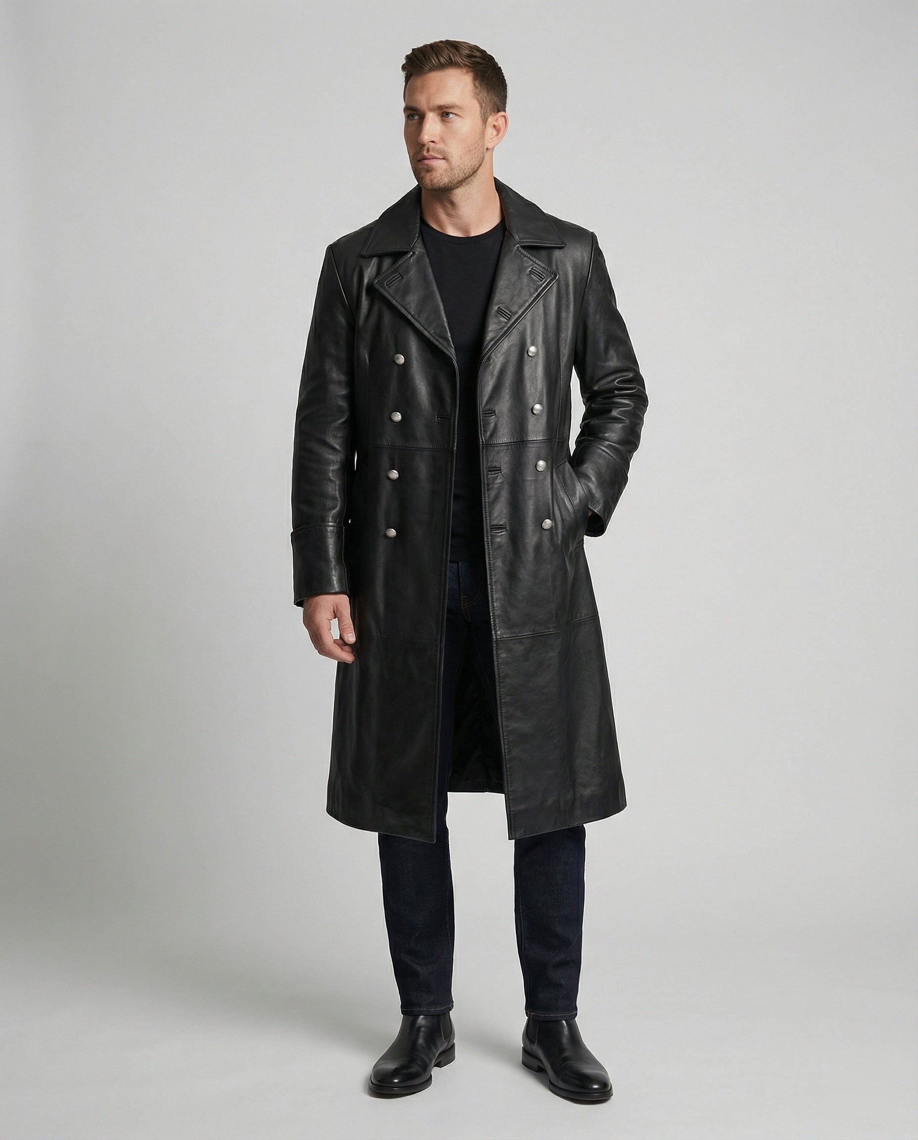 Herren Ledermantel Lang Knöpfe Elegant Schwarz - Norvielle