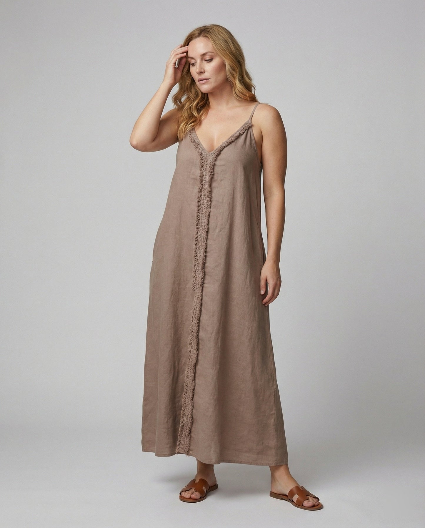 Damen Maxikleid V-Ausschnitt mit Taschen Lang Sommerkleid
