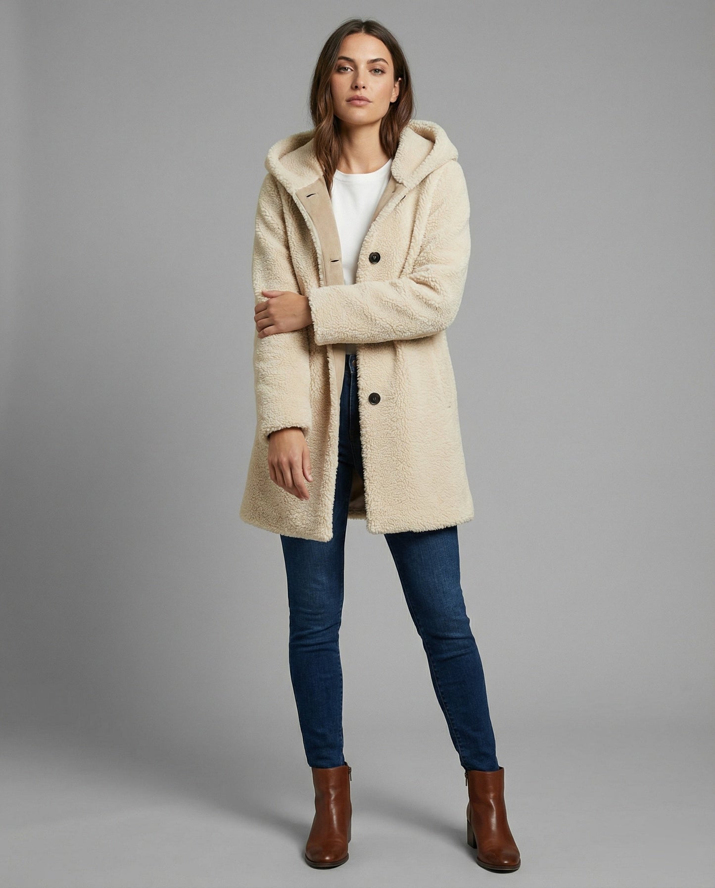 Teddy-Mantel Damen Oversized Mittellang Kapuze