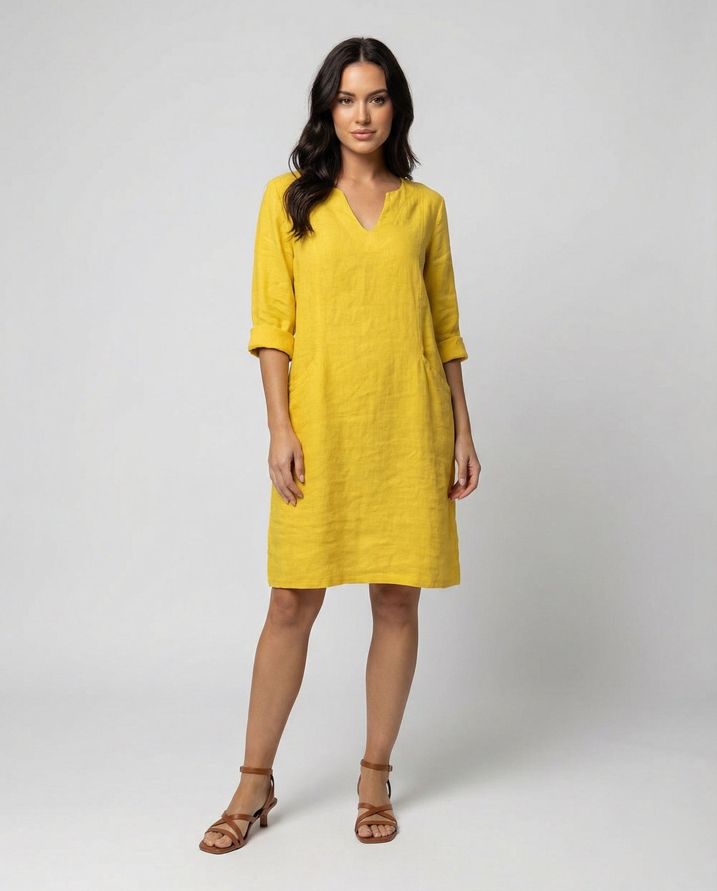 Damen Leinenkleid V-Ausschnitt Elegant