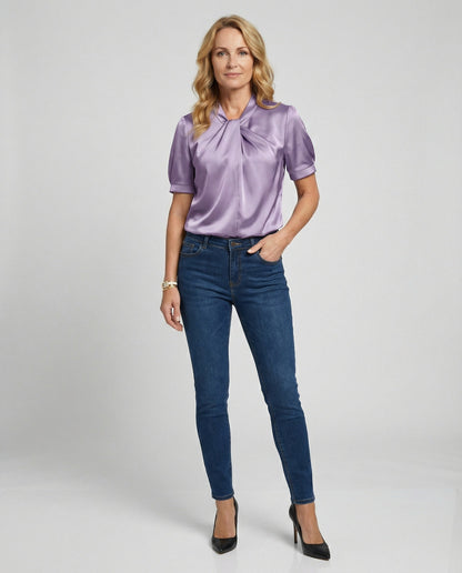 Damen Satin Bluse mit Krawattenkragen Elegant