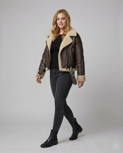 Damen Lederjacke Lang Teddyfutter Gürtel
