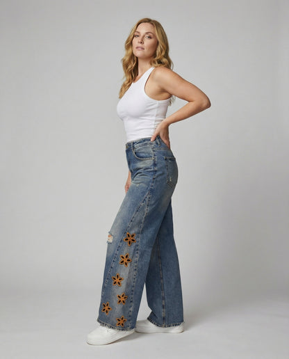 Damen Jeans Blumenmuster Bunt - Norvielle