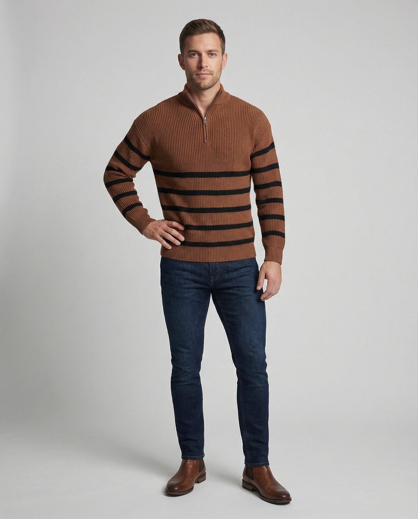 Herren Strickpullover Gestreift Mit Halbreißverschluss