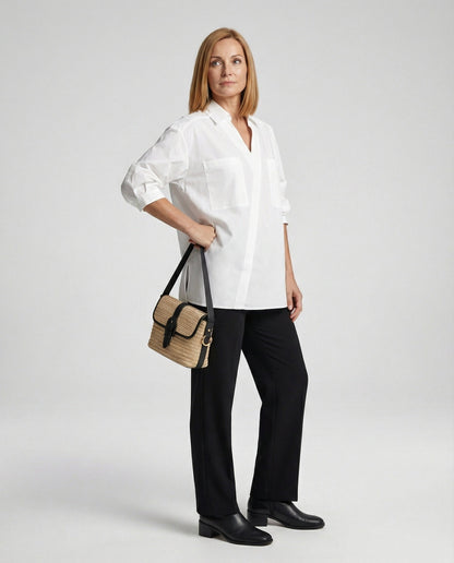 Damen Bluse Rundhals V-Ausschnitt Volant Ärmel