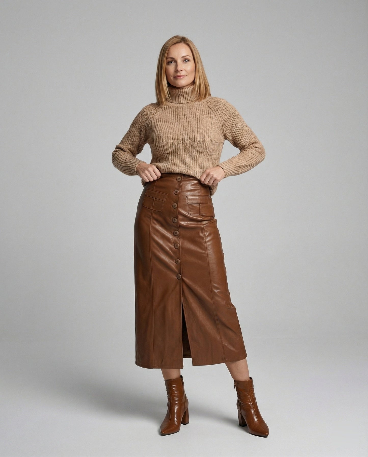 Damen Lederrock Lang Knöpfe Elegent
