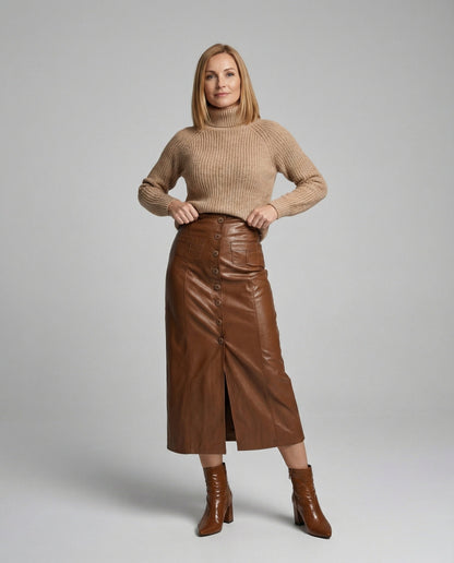 Damen Lederrock Lang Knöpfe Elegent