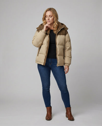 Modische Damen Kapuzenjacke Puffärmel Farbblock Design