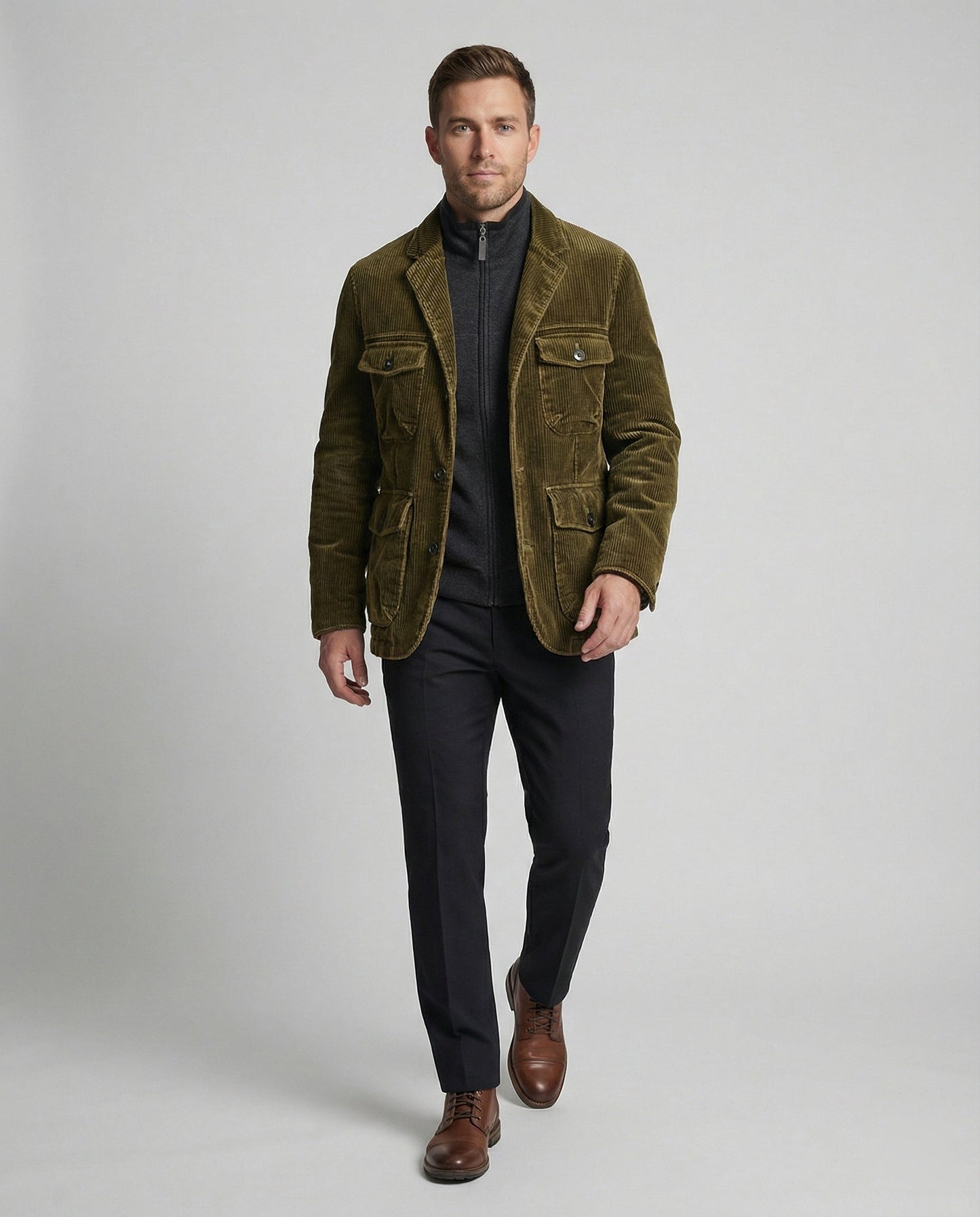 Herren Cordjacke Reißverschluss Vieltaschen Modern Braun