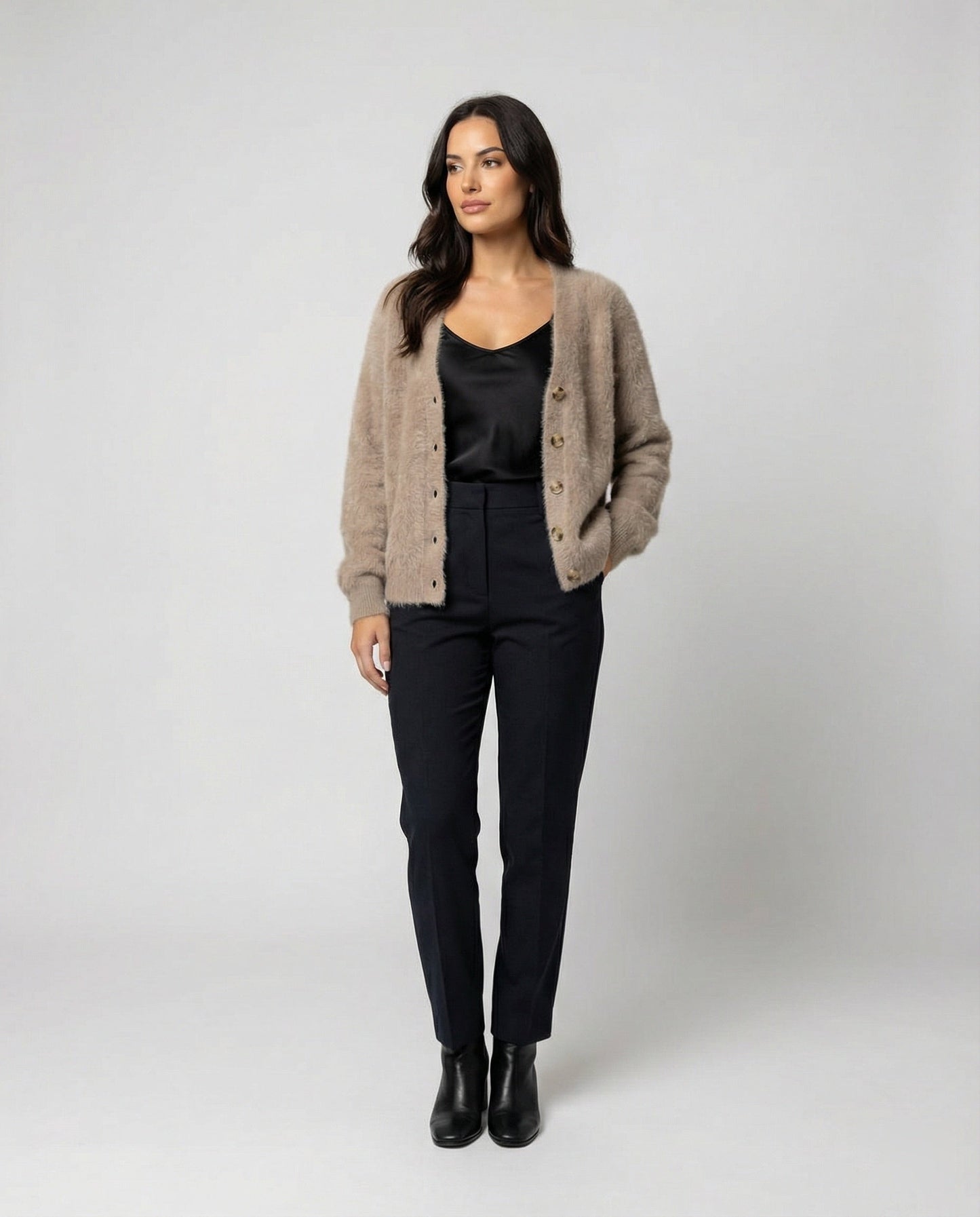 Damen Strickjacke V-Ausschnitt Flauschig Große Knöpfe
