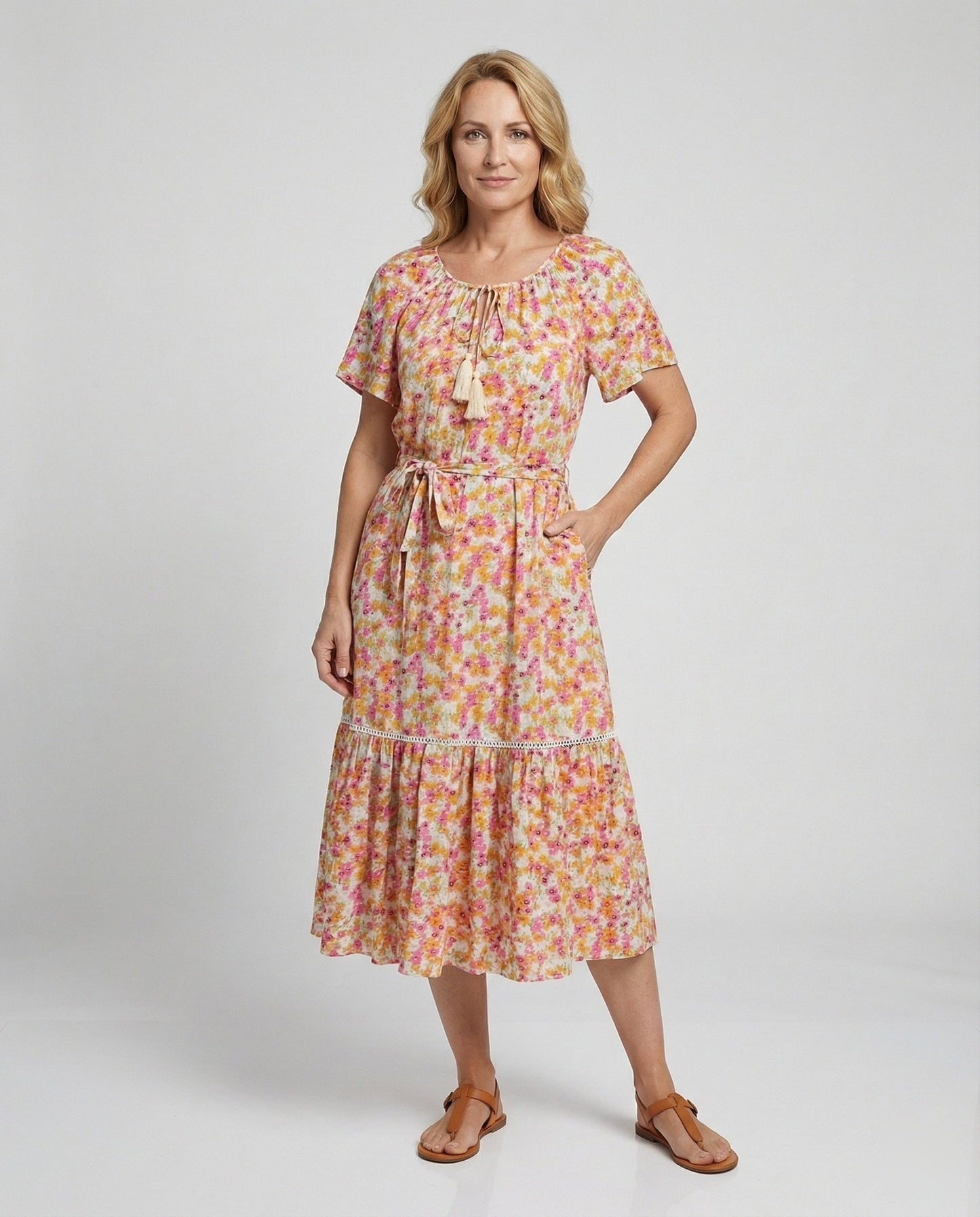 Damen Sommerkleid Blumenmuster Midi Elegant