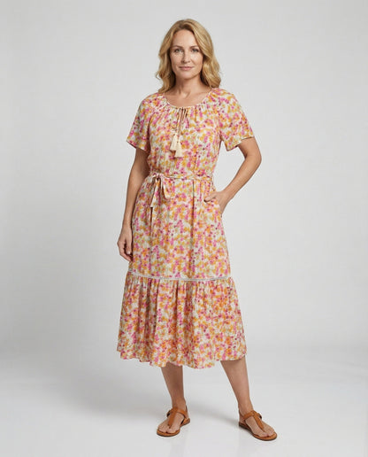 Damen Sommerkleid Blumenmuster Midi Elegant