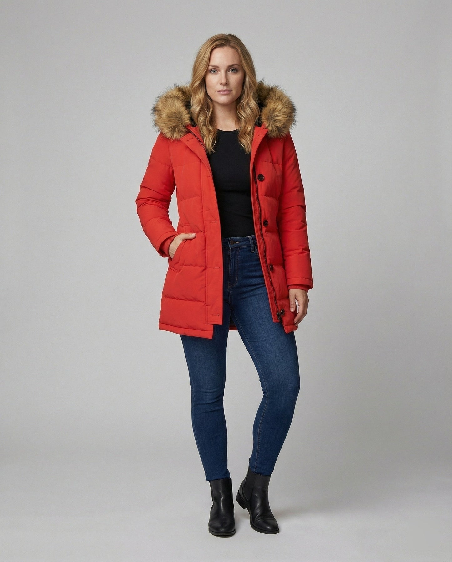 Damen Winterparka Slim Fit Kunstfell Kapuze