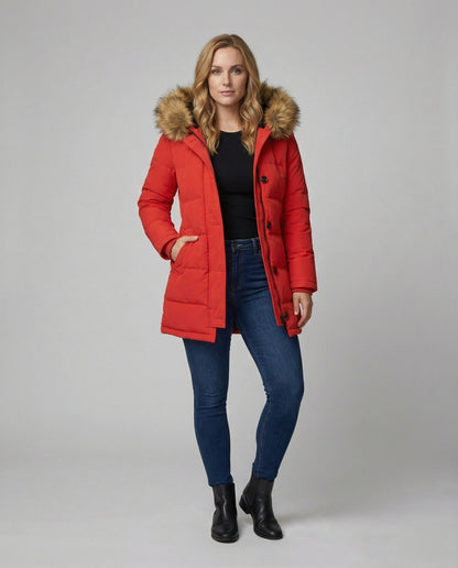 Damen Winterparka Slim Fit Kunstfell Kapuze