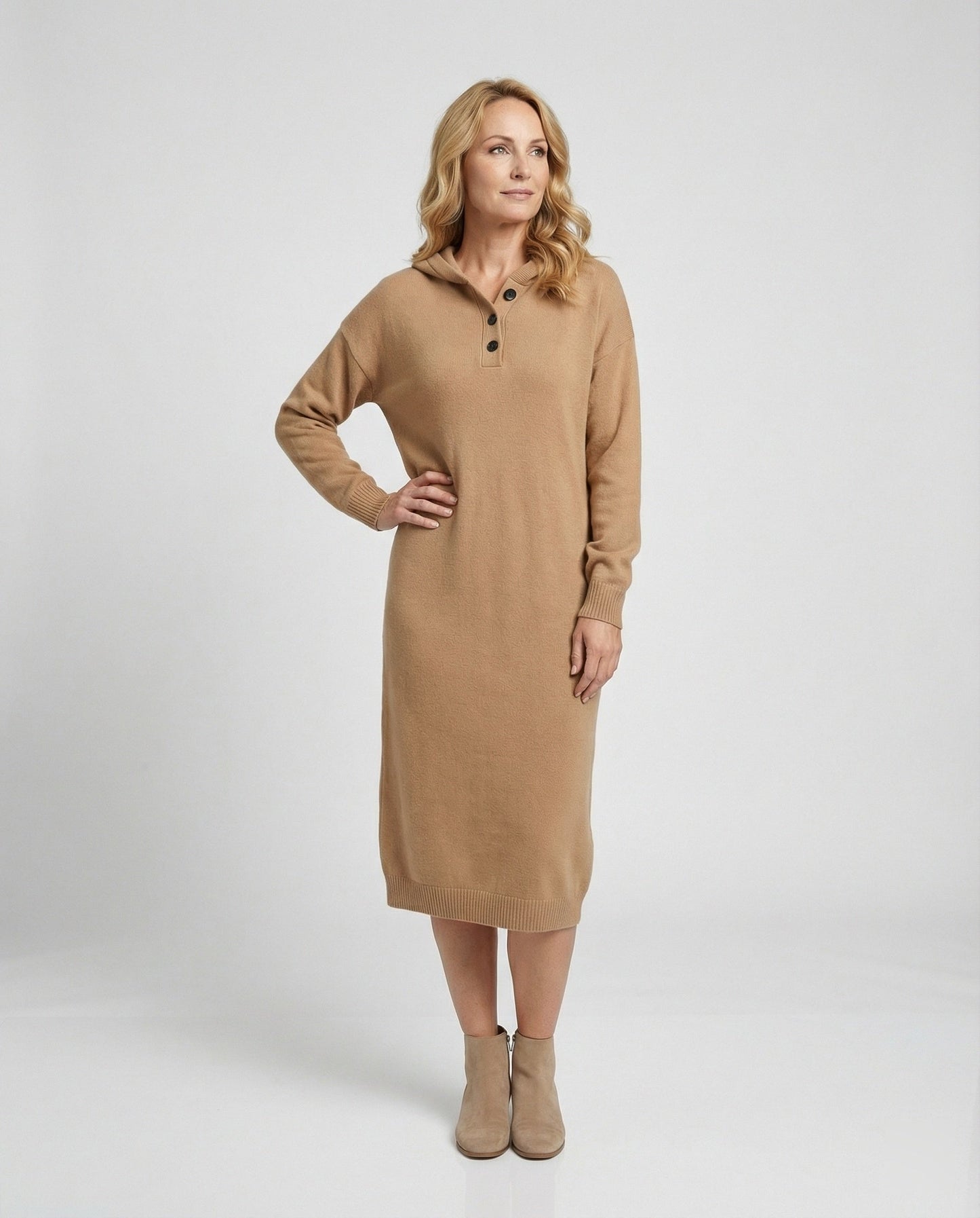 Damen Hoodie-Kleid Weiches Kapuzenkleid mit Knöpfen