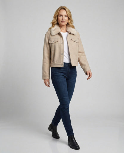 Damen Wolljacke mit Kunstfellkragen Warm